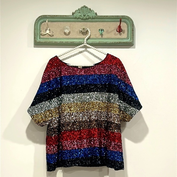 Gap Color Block Sequin Top Fully Lined Short Sleeve Boxy Look Wide L/XL shirt - Picture 1 of 8
